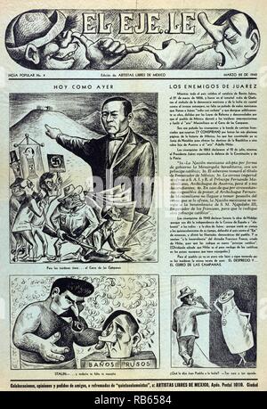 Hoy como ayer; los enemigos de Juarez, 1942. Broadside shows three cartoons. First depicts Benito Juarez; symbol of democracy; pointing a crowd of Nazis toward the Hill of the Bells (where a firing squad killed Archduke Ferdinand Maximilian; on June 19; 1867). Second is set in a Russian steam bath; where Joseph Stalin is telling Adolf Hitler that his massage is still forthcoming. Third is a commentary on the high price and inferior quality of milk. It refers to the ideals of democracy as espoused and embodied in the memory of Benito Juarez and how these are threatened by Fascist elements. Stock Photo