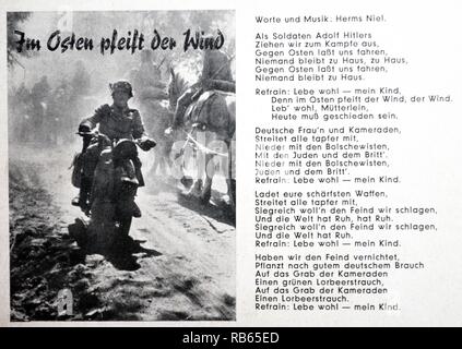 World War Two: German army postcard showing the words to a patriotic song 'im osten pfeift der wind' 'in the east the wind whistles' 1942. The words are anti-Bolshevik and anti-Semitic. Stock Photo