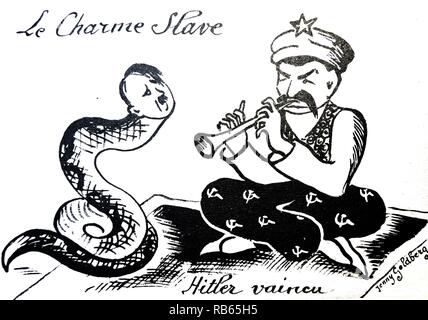 World war two: Cartoon by Jenny Goldberg depicting Stalin as a snake charmer enticing Hitler Stock Photo