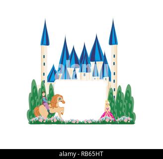 Prince riding a horse to the castle - abstract frame Stock Vector