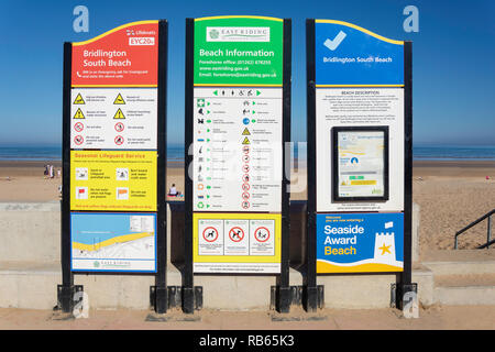 Beach information signs, Bridlington South Beach, Bridlington, East Riding of Yorkshire, England, United Kingdom Stock Photo