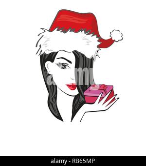 girl in Christmas costume with gift box Stock Vector