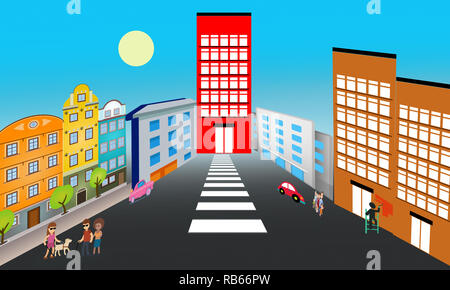 Illustration- Panorama of city with colorful sky scrapper and blind couple,graffiti, painter,pink Porsche. Flat cartoon design urban city skyscraper. Stock Photo