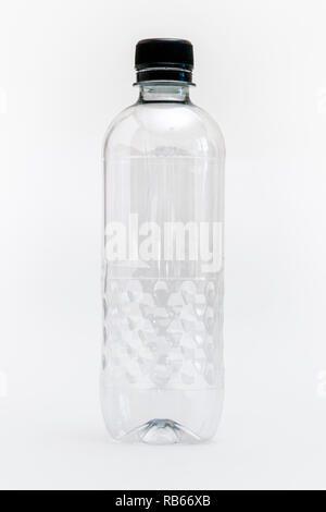 An empty generic single use plastic water bottle on a white background, no label Stock Photo