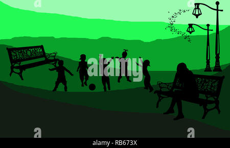 Children playing football in the park illustration. Image depicts social interaction between children. Kids playground cartoon concept background. Stock Photo