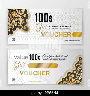 Vector gift voucher template. Universal flyer for business. luxury gold white vector design for department stores. 100 dollars. Ornamental corner Stock Vector