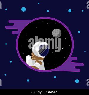 Flat Funny astronaut in space with stars and moon around Stock Vector