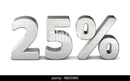 3D rendering of 25 percent in red letters on white background with ...