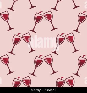 vector red wine glass splash seamless pattern. two wineglasses full of red wine for celebration seamless backgrounds Stock Vector