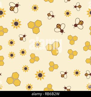 vector seamless pattern with bee, honeycomb and flower symbols. colorful seamless background with honeybees, honeycells and sunflowers Stock Vector