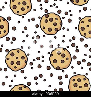 vector chocolate chip cookies seamless pattern isolated on white background. homemade biscuit whole  choc cookie symbol collection. top view of flat c Stock Vector