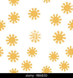 vector seamless sun pattern. abstract illustration, flat graphic style. yellow sun symbols isolated on white background Stock Vector