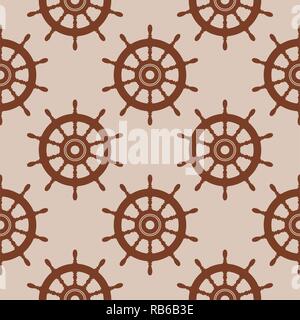 vector seamless background pattern with steering wheel of a ship, boat or yacht rudder direction concept. nautical or travel brown symbol. wooden stee Stock Vector