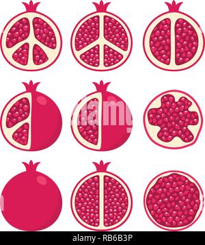 vector set of stylized pomegranate cuts and whole pomegranates, vegetarian diet icons Stock Vector