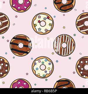 vector seamless donut background pattern. modern flat style icons of glazed colorful donuts with glaze, chocolate and sprinkles, isolated doughnuts on Stock Vector