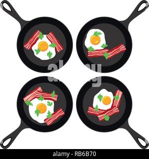 vector set of pans with fried eggs and bacon. collection of breakfast flat icons isolated on white background. fried egg, bacon and parsley symbols Stock Vector