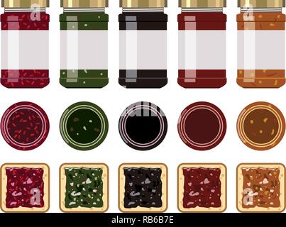 vector glass jam jars with strawberry, blueberry, apricot, apple, cherry, kiwi, orange and raspberry. front and top view. white toast bread slices wit Stock Vector