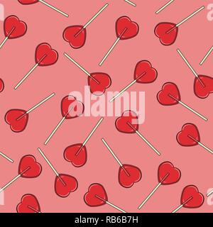 vector seamless background with red lollipop candies in the form of hearts on pink background. love, romantic or valentine day seamless pattern Stock Vector