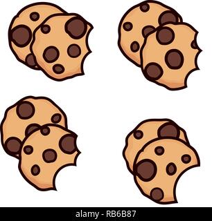 vector set of chocolate chip cookies with bite isolated on white background. homemade biscuit choc cookie symbol collection. top view of flat cookie c Stock Vector
