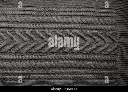 Grey Black Knitted pattern wool sweater texture close up. Handmade grey knitting wool texture background Stock Photo