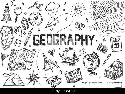 Set of geography symbols. Equipments for web banners. Vintage outline ...