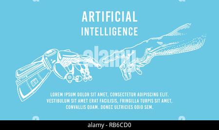 Hand touch. Android and human. Artificial intelligence Banner. Bionic arm poster. Future technology. Vintage Engraved drawn Monochrome Sketch. Stock Vector