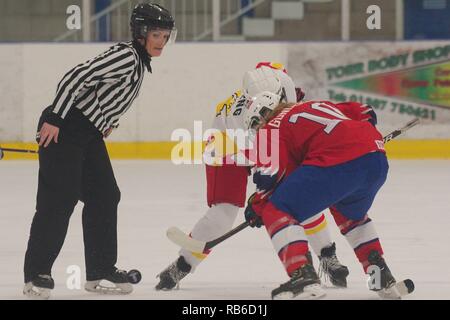 Dumfries, UK. 7 January 2019. Silje Gundersen of Norway and Luyao Meng of China face off in the 2019 Ice Hockey U18 Women's World Championship, Division 1, Group B, at Dumfries Ice Bowl. Credit: Colin Edwards/Alamy Live News Stock Photo