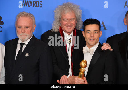 Beverly Hills, USA. 06th Jan, 2019. LOS ANGELES, CA. January 06, 2019: Brian May, Rami Malek & Roger Taylor at the 2019 Golden Globe Awards at the Beverly Hilton Hotel. © 2019 JRC Photo Library/PictureLux ALL RIGHTS RESERVED. Credit: PictureLux / The Hollywood Archive/Alamy Live News Stock Photo