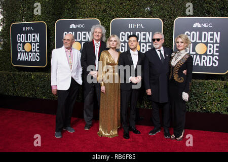 Beverly Hills, USA. 06th Jan, 2019. Jim Beach, Brian May of Queen, Lucy Boynton, Golden Globe nominee Rami Malek, Roger Taylor of Queen, and Sarina Potgieter attend the 76th Annual Golden Globe Awards at the Beverly Hilton in Beverly Hills, CA on Sunday, January 6, 2019. Credit: PictureLux/The Hollywood Archive/Alamy Live News Stock Photo