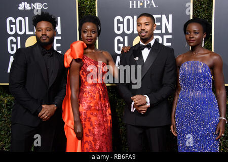 Beverly Hills, USA. 06th Jan, 2019. Golden Globe nominee Ryan Coogler, Danai Gurira, Michael B. Jordan, and Lupita Nyong'o attend the 76th Annual Golden Globe Awards at the Beverly Hilton in Beverly Hills, CA on Sunday, January 6, 2019. Credit: PictureLux/The Hollywood Archive/Alamy Live News Stock Photo