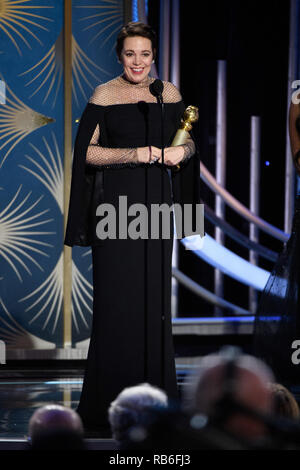 Beverly Hills, USA. 06th Jan, 2019. Olivia Colman accepts the Golden Globe Award for BEST PERFORMANCE BY AN ACTRESS IN A MOTION PICTURE - COMEDY OR MUSICAL for her role in 'The Favourite' at the 76th Annual Golden Globe Awards at the Beverly Hilton in Beverly Hills, CA on Sunday, January 6, 2019. Credit: PictureLux/The Hollywood Archive/Alamy Live News Stock Photo