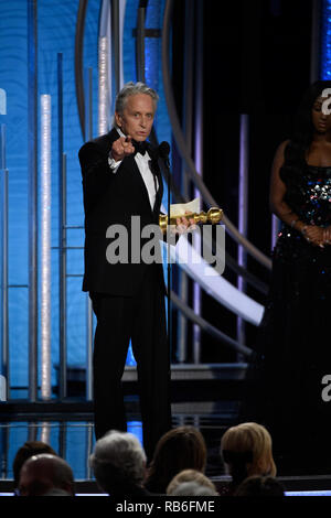 Beverly Hills, USA. 06th Jan, 2019. Michael Douglas accepts the Golden Globe Award for BEST PERFORMANCE BY AN ACTOR IN A TELEVISION SERIES - MUSICAL OR COMEDY for his role in 'The Kominsky Method' at the 76th Annual Golden Globe Awards at the Beverly Hilton in Beverly Hills, CA on Sunday, January 6, 2019. Credit: PictureLux/The Hollywood Archive/Alamy Live News Stock Photo