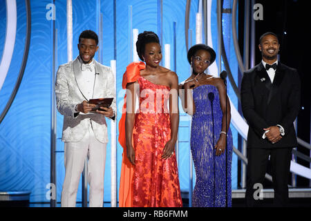 Beverly Hills, USA. 06th Jan, 2019. Chadwick Boseman, Danai Gurira, Lupita Nyong'o and Michael B. Jordan present at the 76th Annual Golden Globe Awards at the Beverly Hilton in Beverly Hills, CA on Sunday, January 6, 2019. Credit: PictureLux/The Hollywood Archive/Alamy Live News Stock Photo