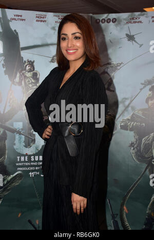 Mumbai, India. 7th Jan, 2019. Actress Yami Gautam seen during the promotion of his upcoming film 'URI:The Surgical Strike' at Sun and Sand Hotel, Juhu in Mumbai. The film is based on the true events of 2016, when Indian Army avenged a deadly terrorist attack by carrying out a surgical strike. Credit: Azhar Khan/SOPA Images/ZUMA Wire/Alamy Live News Stock Photo