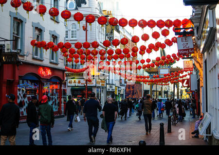 Beautiful red hanging lanterns in Soho - Chinatown celebrating Chinese New Year, London, 2017. Stock Photo