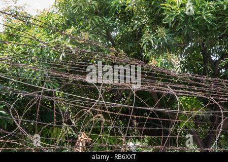 Razor and barbed wire top the perimeter wall of the former Tuol Sleng Prison, originally a school, now the Genocide Museum, Phnom Penh, Cambodia Stock Photo