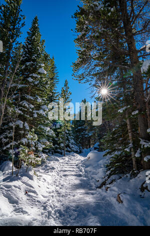 Hiking Trail to a Frozen lake Beneath "The Spearhead" In Glacier Gorge, Rocky Mountain National Park Stock Photo