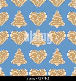 Seamless pattern with gingerbread bells and hearts. Holiday background. Design for banner, poster, textile, print. Stock Vector