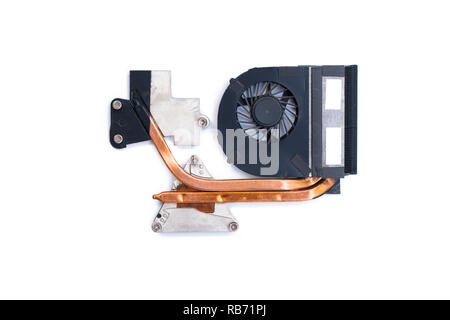 The cooling fan with heatsink computer processor, close-up, white background. Stock Photo