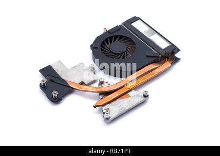 The cooling fan with heatsink computer processor, close-up, white background. Stock Photo