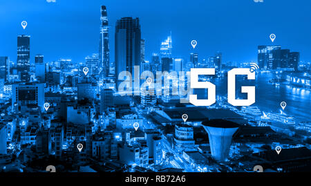 5G network wireless systems and internet of things (iot), Digital smart city and communication network. Very fast connect global wireless devices. Ato Stock Photo
