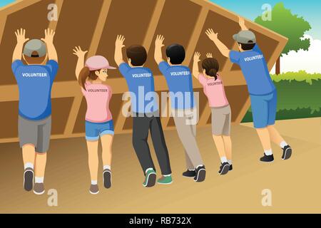 A vector illustration of Group of Volunteers Building a House Together Stock Vector
