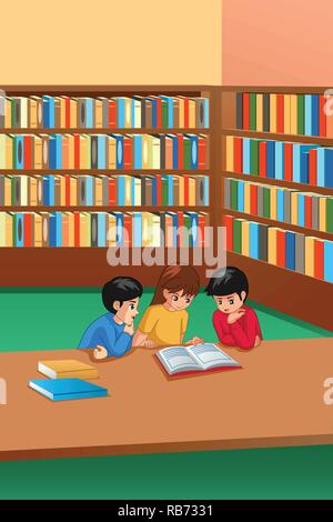 A vector illustration of Kids Studying in Library Stock Vector