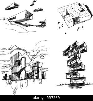 four hand drawn architectectural sketches of  modern abstract architecture with people around Stock Vector