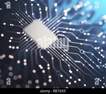 Microchip with gold connections in depth of field. Concept of technology, electronic printed circuit. 3D illustration. Stock Photo