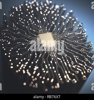 Artificial intelligence. Microchip and brain shaped connections. Electric pulses, binary codes, brain activity. 3D illustration.