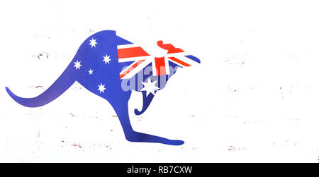 Australian flag in the shape of a kangaroo on white wood shabby chic table, web banner. Stock Photo