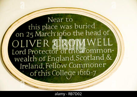 Sidney Sussex College Cambridge (England): Plaque in the chapel, burial place of the Head of Oliver Cromwell Stock Photo