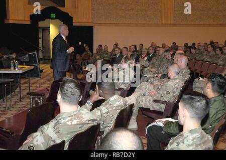 Bob Delaney, a motivational speaker on Post Traumatic Stress and Resiliency speaks to soldiers and civilians assigned to Joint Base San Antonio at the Fort Sam Houston Theater on December 2, 2016. Delaney serves as the Director of Officials for the National Basketball Association’s and was a highly decorated Trooper with the New Jersey State Trooper. Delaney joined the New Jersey State Trooper and was recruited to go undercover with the FBI where he infiltrated and took down 30 members of the mob. After completing his undercover work he went through the effects of post-traumatic stress. He has Stock Photo