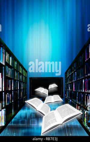 books coming out of a computer monitor, concept for online or digital library Stock Photo